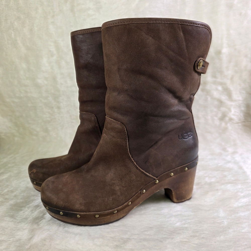UGG Australia Abbie Clog Boots Brown Leather Suede Shearling Mid Calf Womens 7